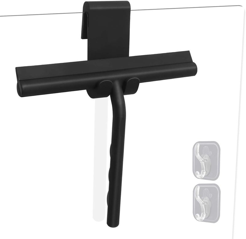 DEOFUXT Shower Squeegee for Glass Doors, Full Silicone Jacketed Squeegee with Ergonomic Handle & No-Drill Hook, Cleaning Tool for Windows, Mirrors, Tiles, Bathroom & Car - Black - Image 1